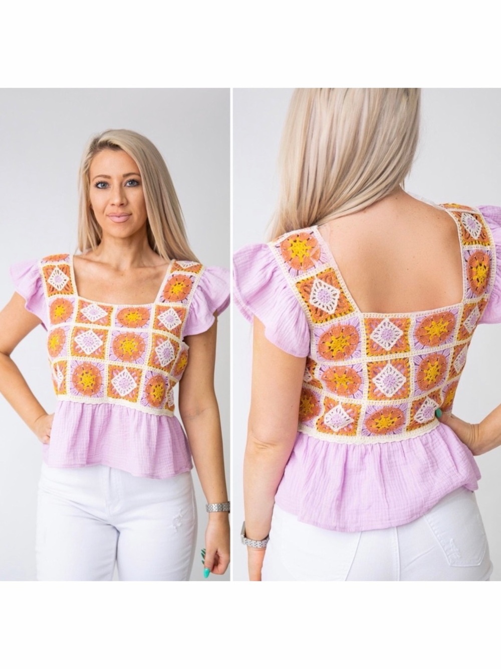 Entro Women’s Bohemian Lilac Crochet Patchwork Top Size Medium